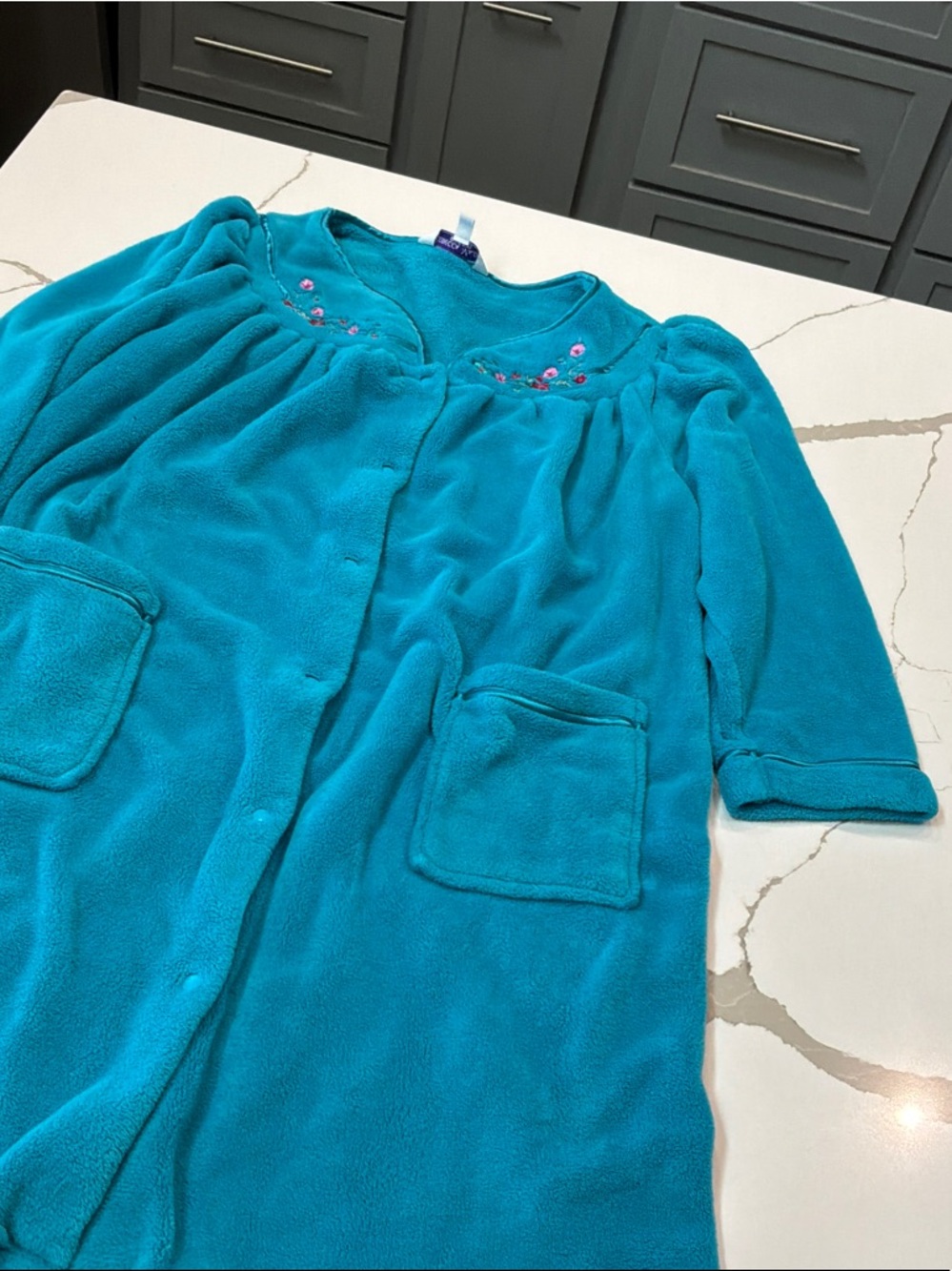 Rebecca Malone Plus Size 3X Teal Plush Fleece Robe MooMoo with Floral Embroidery